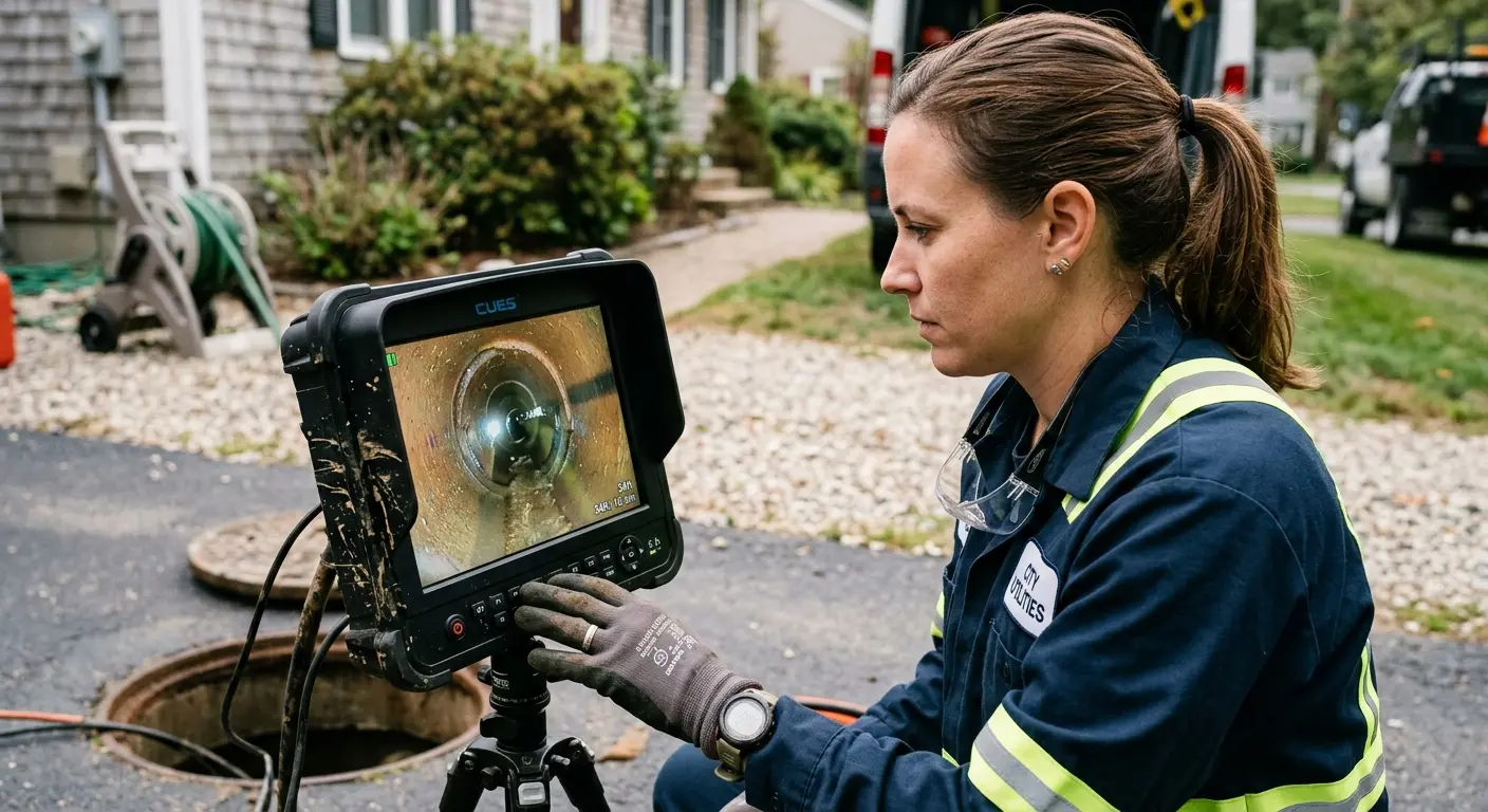 Technician reviewing sewer camera inspection footage in Carolina Shores