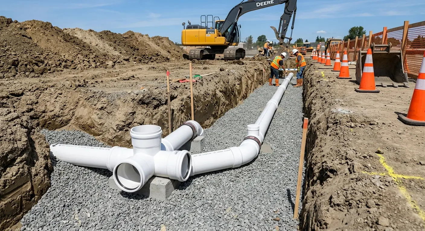 New PVC sewer pipe installation in open trench for Commercial Drain Cleaning in Carolina Shores