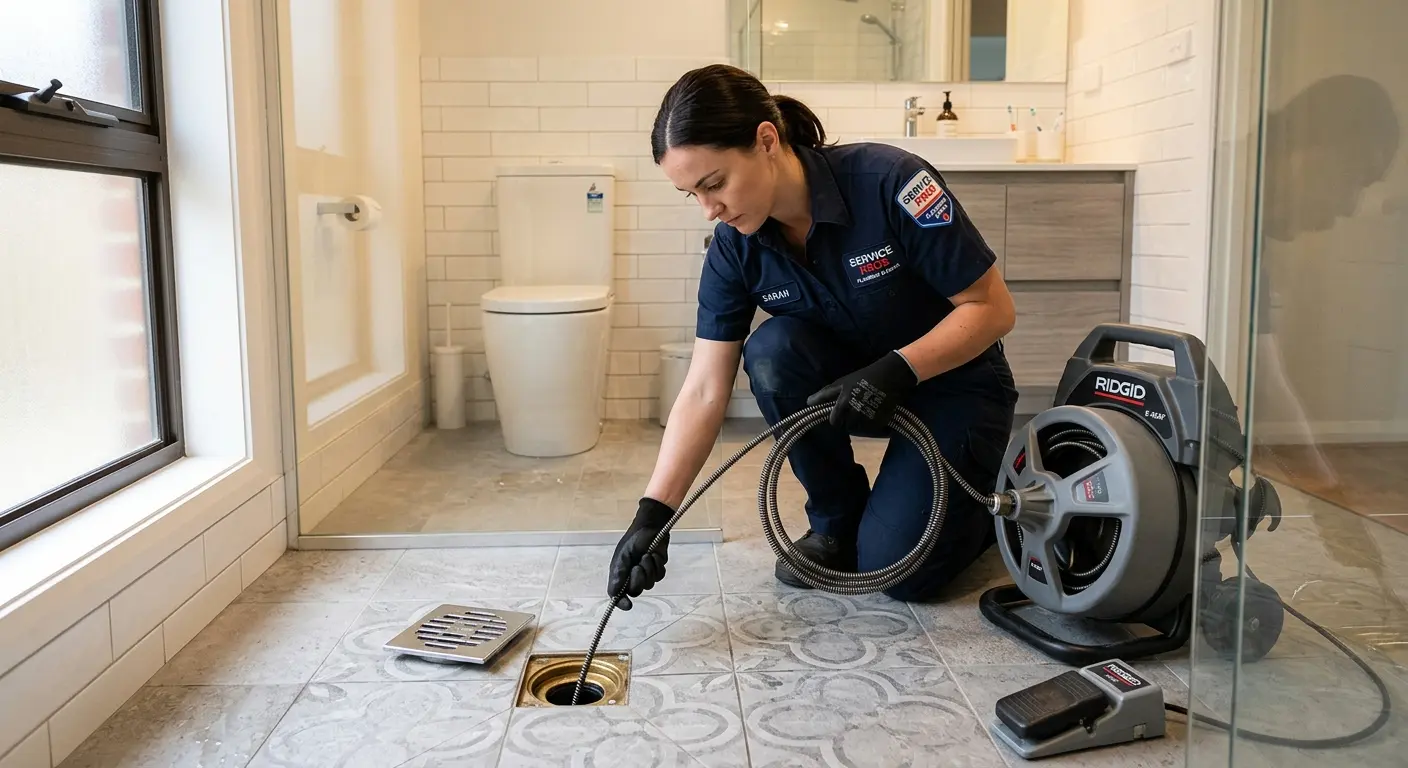 Technician clearing a bathroom floor drain for Clogged Drain Repair in Carolina Shores
